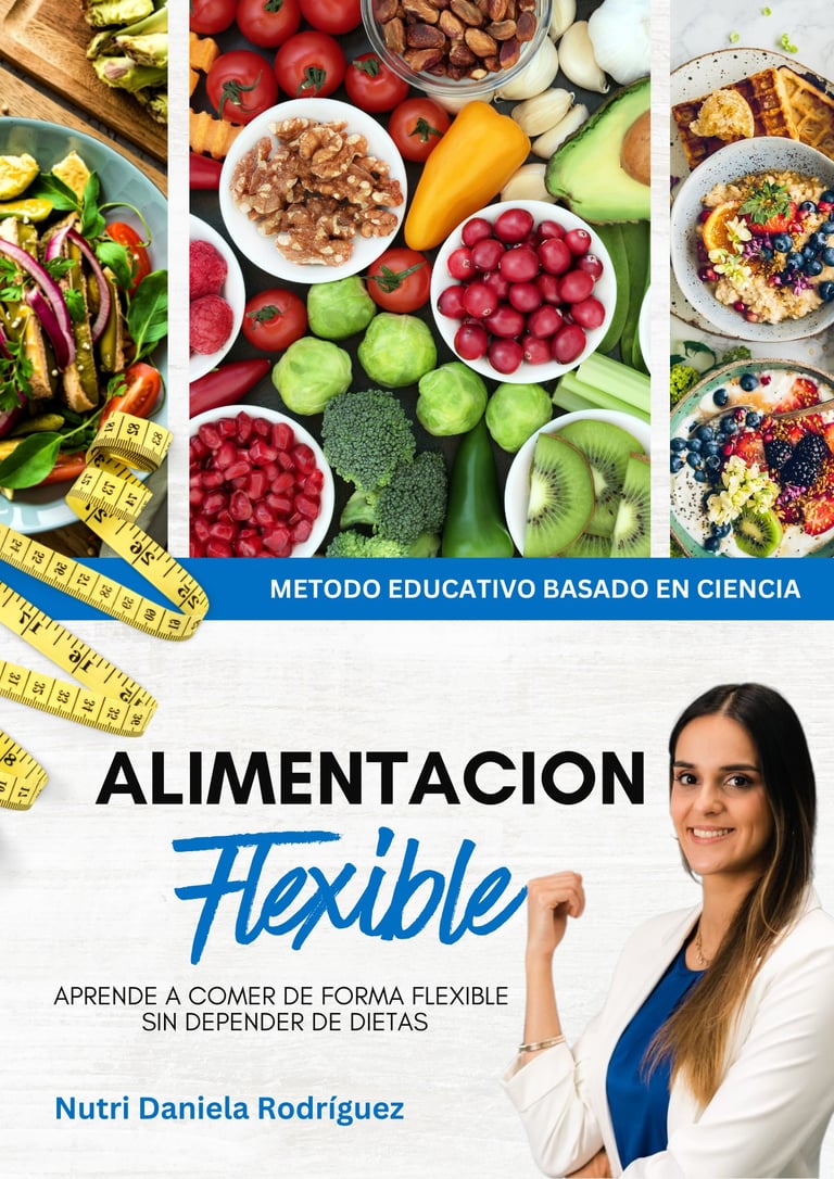 Book cover for Alimentacion Flexible by Nutri Daniela Rodriguez featuring healthy foods, measuring tape, and a smiling nutritionist in professional attire.